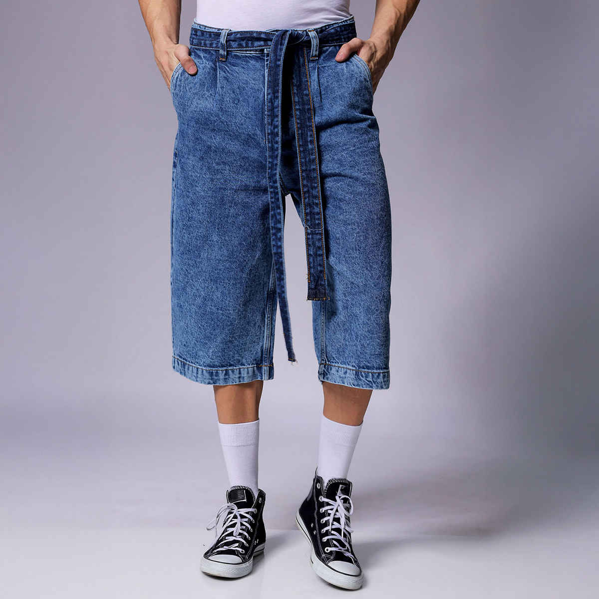 The Indian Garage Co Men's Loose Solid Street Capri Jeans | Blue - 34