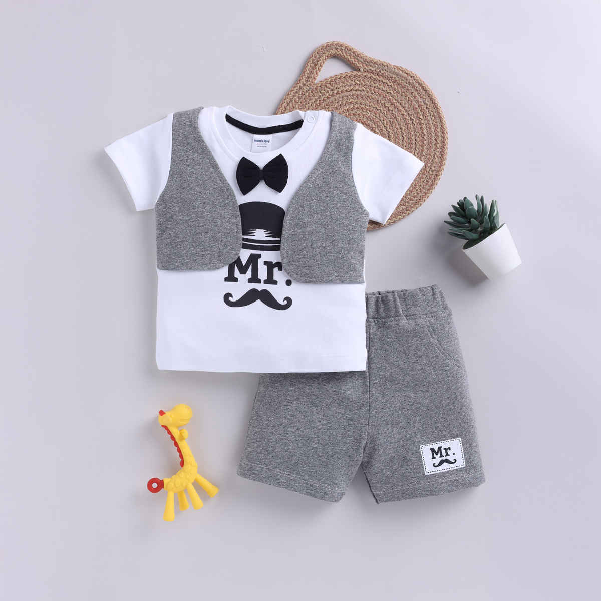 Mom's Love Boys' Printed Cotton Clothing Sets | Grey Melange | 03 - 06 months