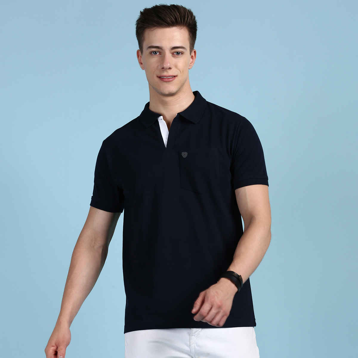 Lux Cozi Solid Cotton Polo T-shirt with Pocket for Men | Navy | Size - M