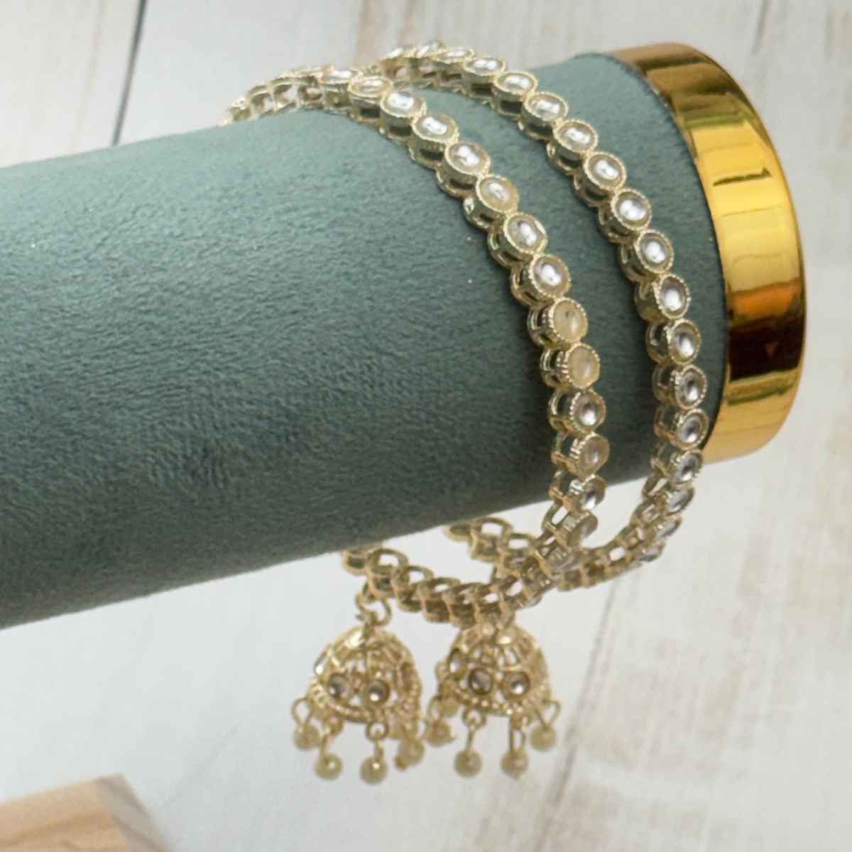 The Opal Factory Metal Bangles with Stone Work and Pearl Jhumki Latkan | Gold - Size 2.8