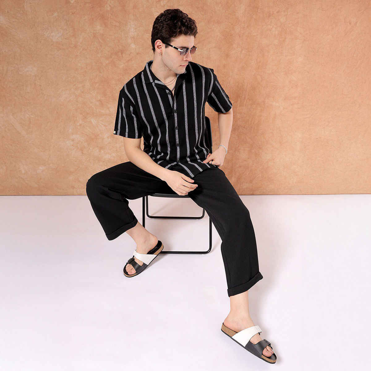 The Indian Garage Co Men's Relaxed Fit Striped Resort Half Sleeve Shirt | Black - L