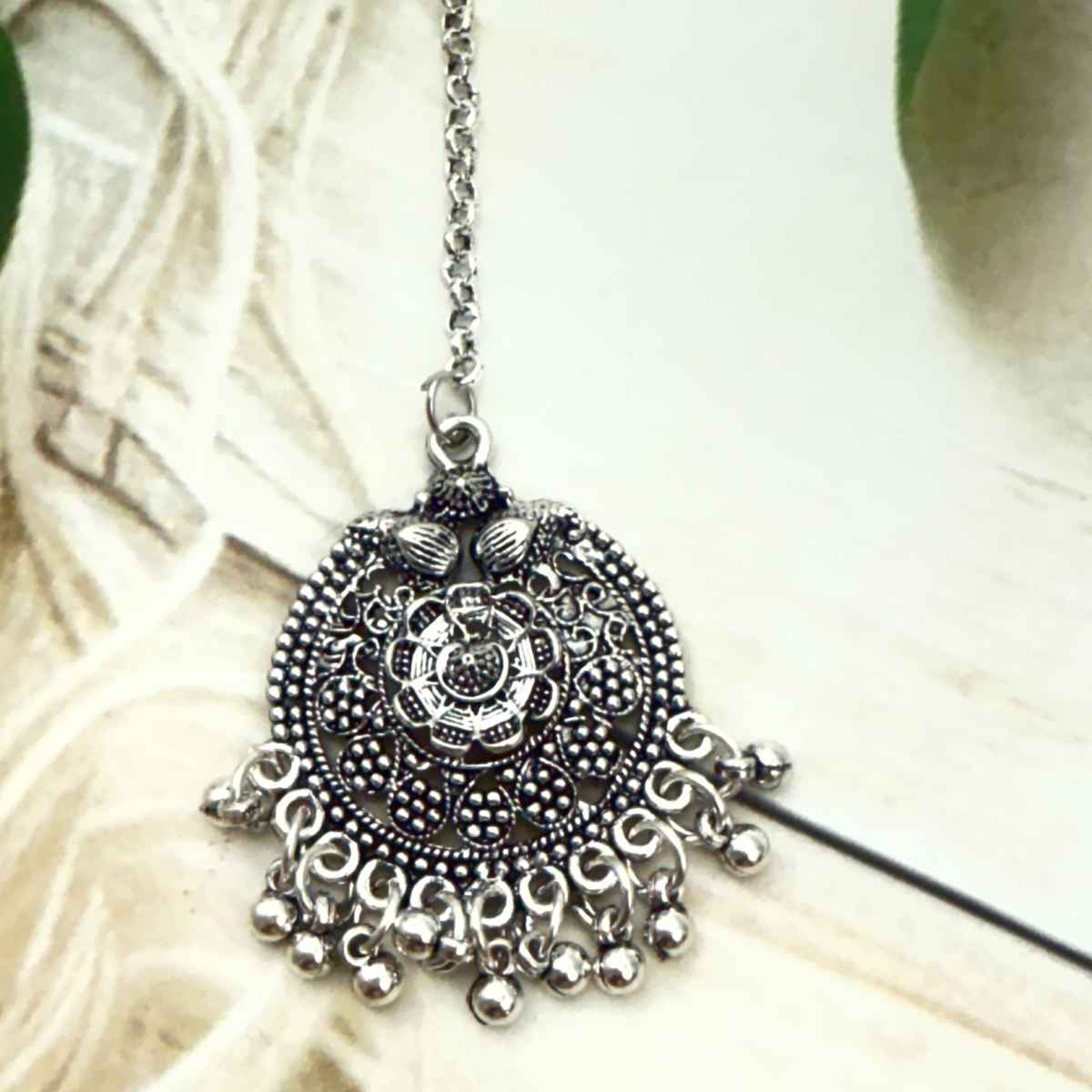 The Opal Factory | Oxidised Jewelry | Round Teeka with Silver Moti | Silver