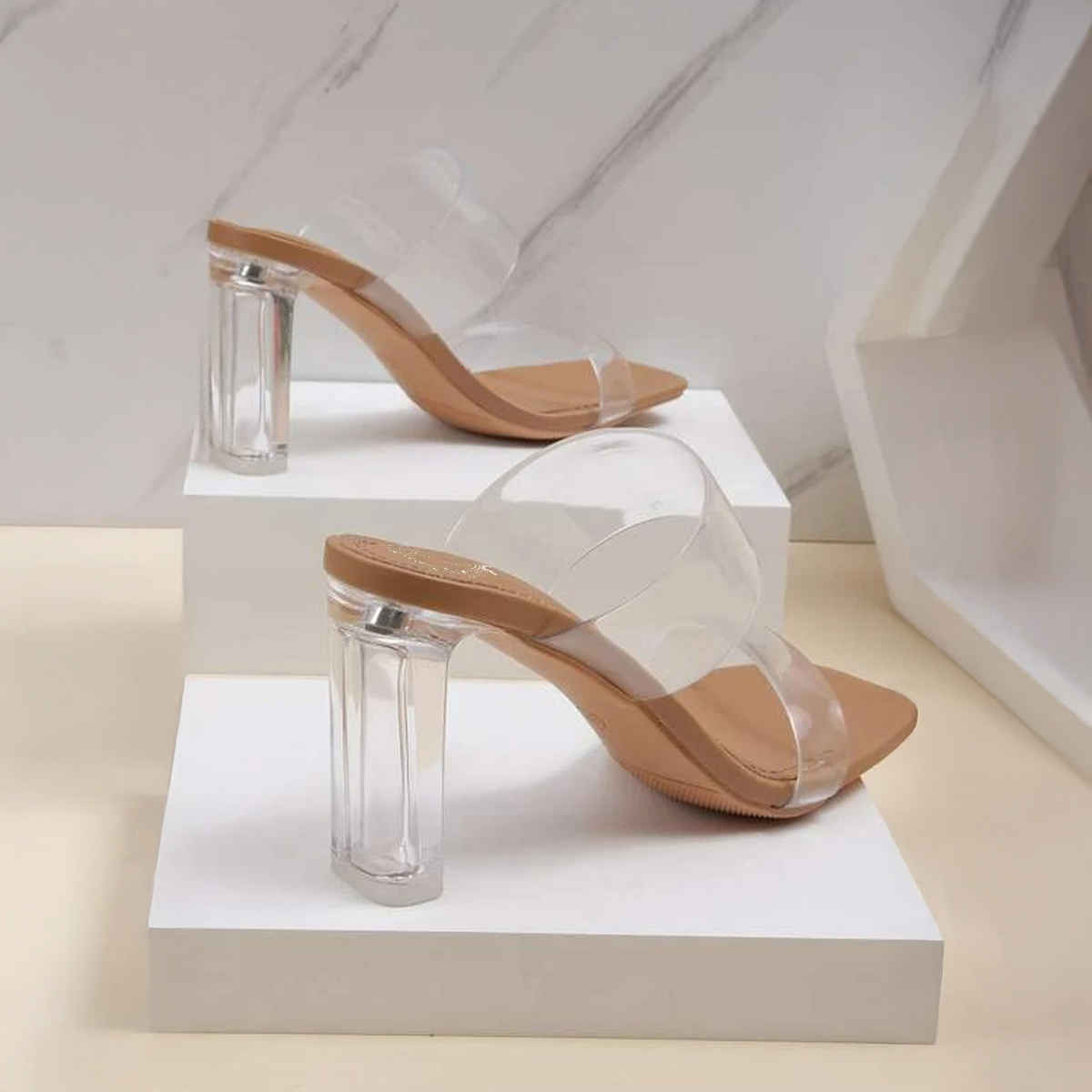 Shoetopia Stylish Trasparent Detailed Beige Block Heels For Women | UK 4