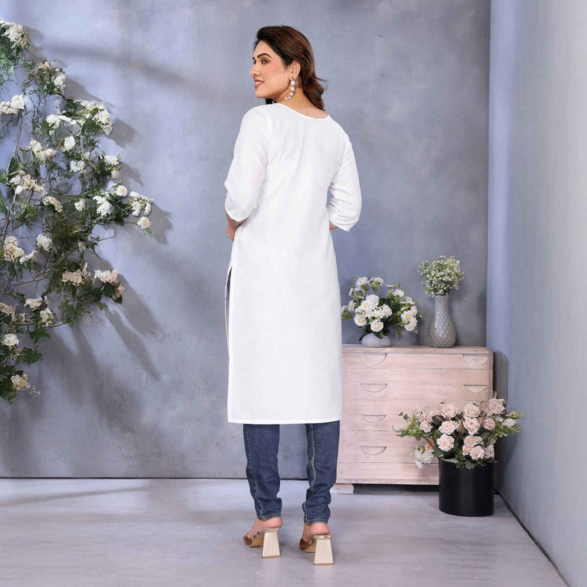 Riglozi White 3/4 Sleeves Cotton Made White Long Round Neck Regular wear Kurti for Women | M