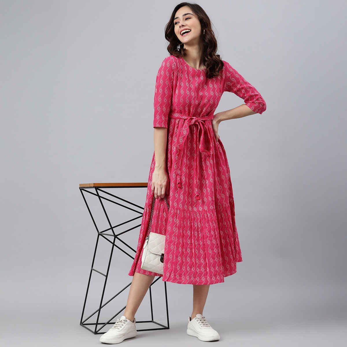 Janasya Women's Pink Pure Cotton Woven Design Tiered Dress - M