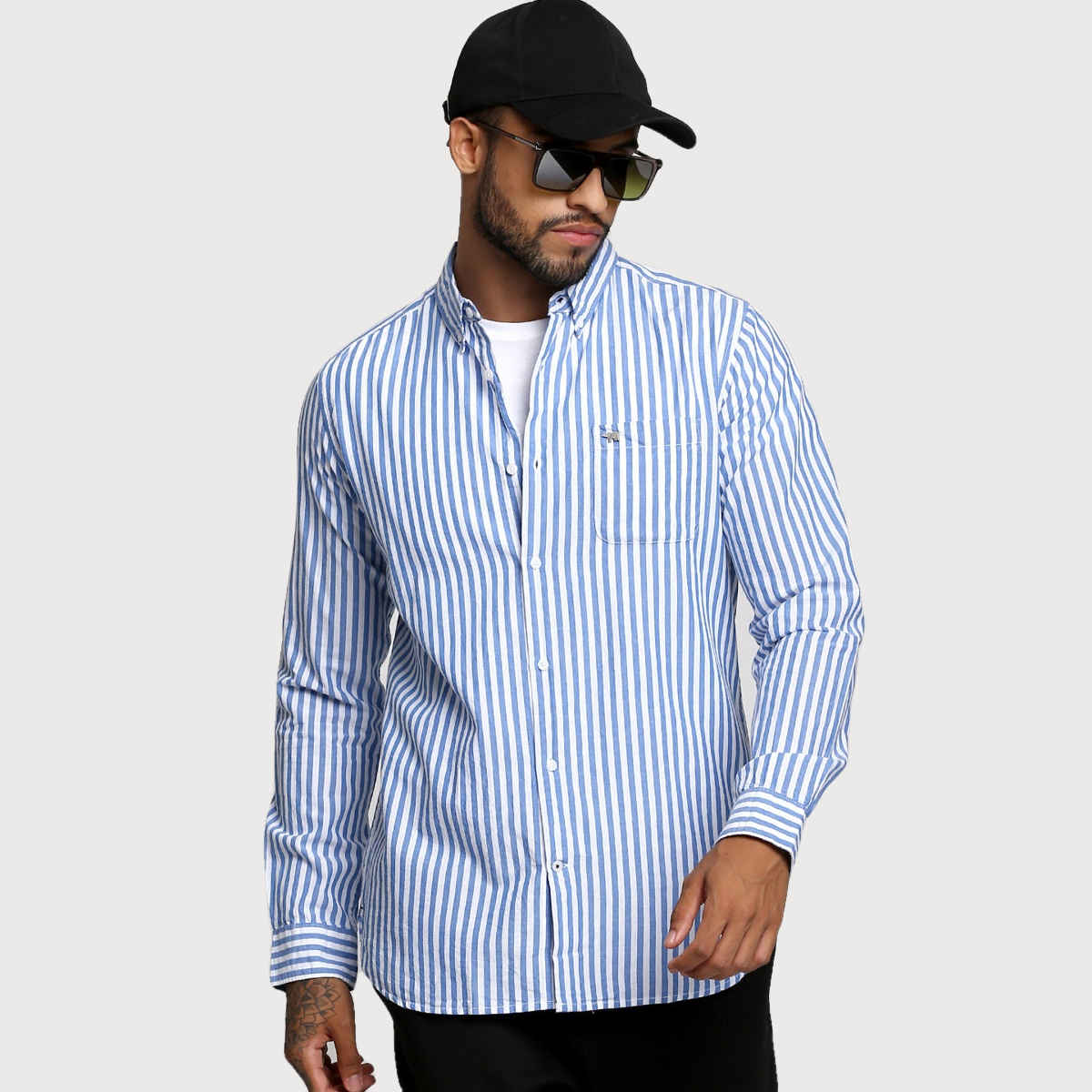 The Bear House Men Slim Fit Striped Casual Shirt - Anise | Blue | XXL