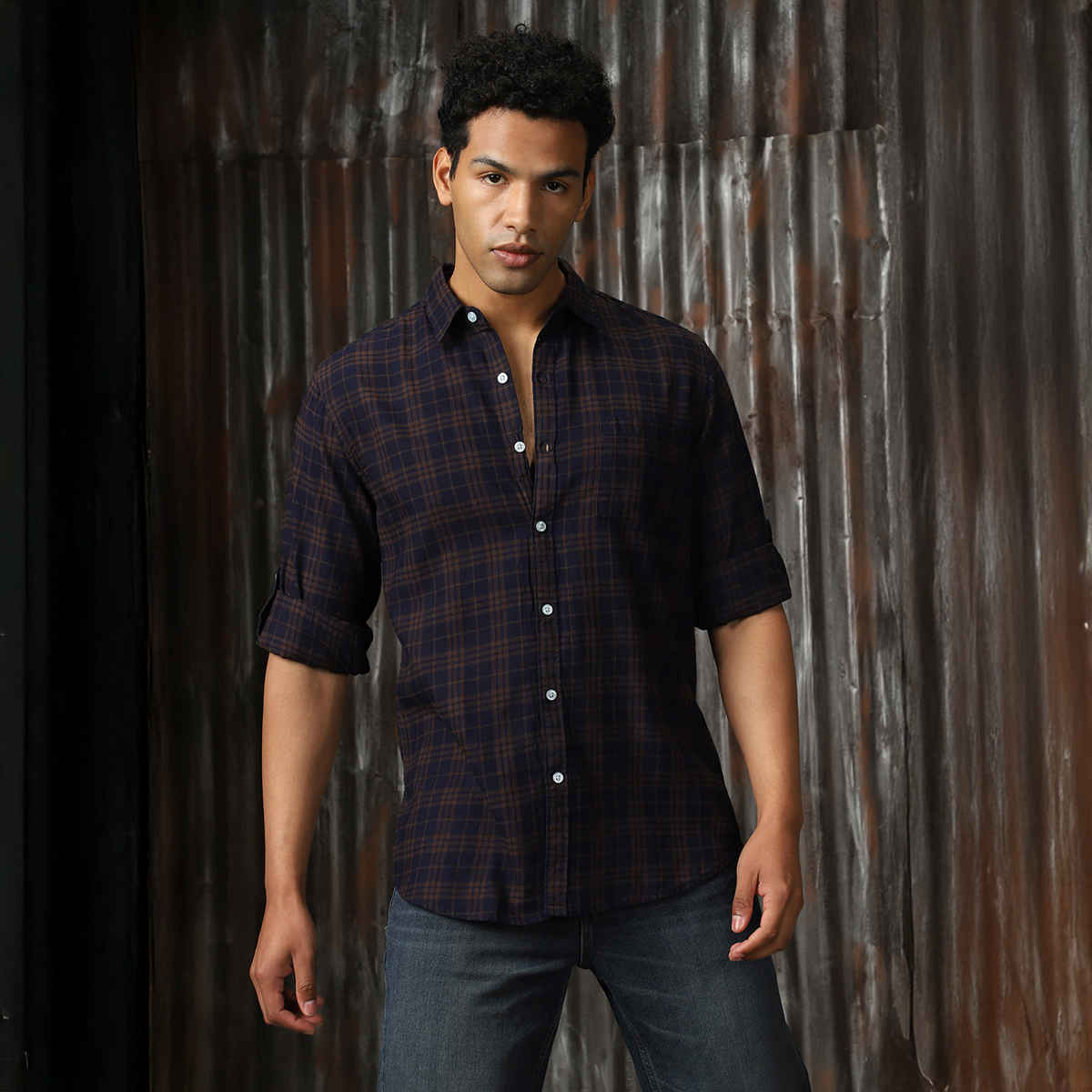 High Star Men's Spread Collar Tartan Checked Cotton Casual Shirt | Navy - 40