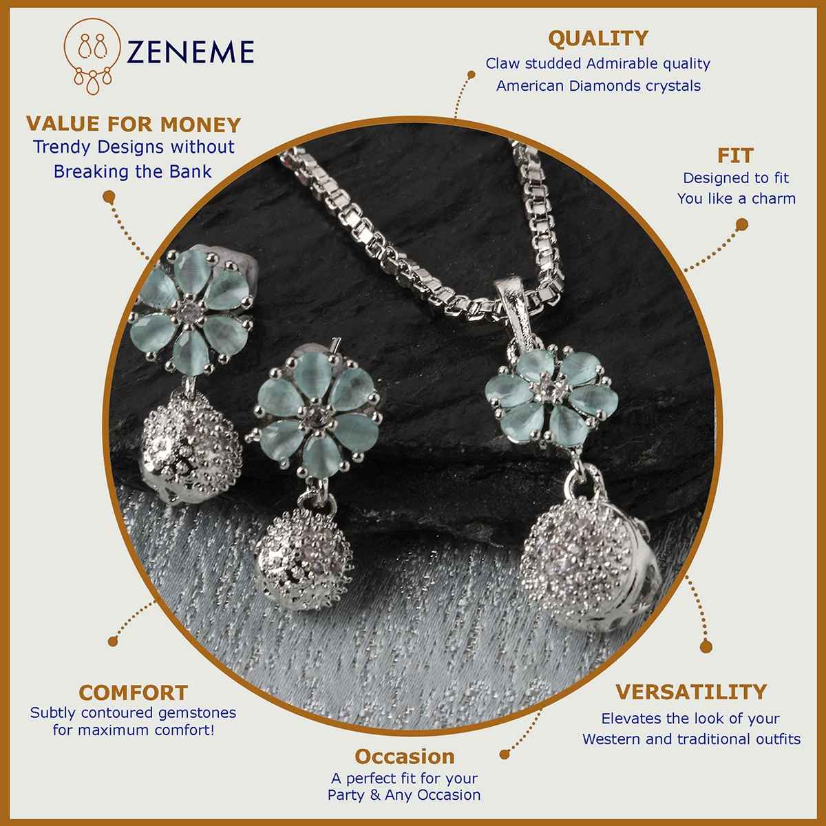 Zeneme Rhodium-Plated Sea Green CZ-AD Floral Cute Pendant Earrings Jewellery Set For Women & Girl
