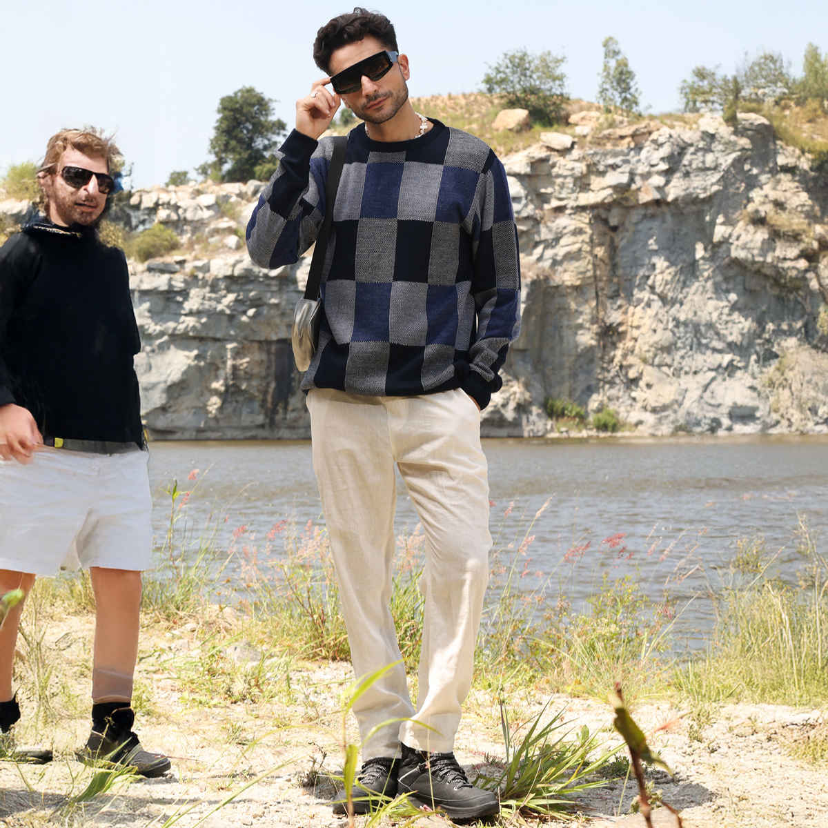 Campus Sutra Men's Block Check Pullover Sweater | Blue - M