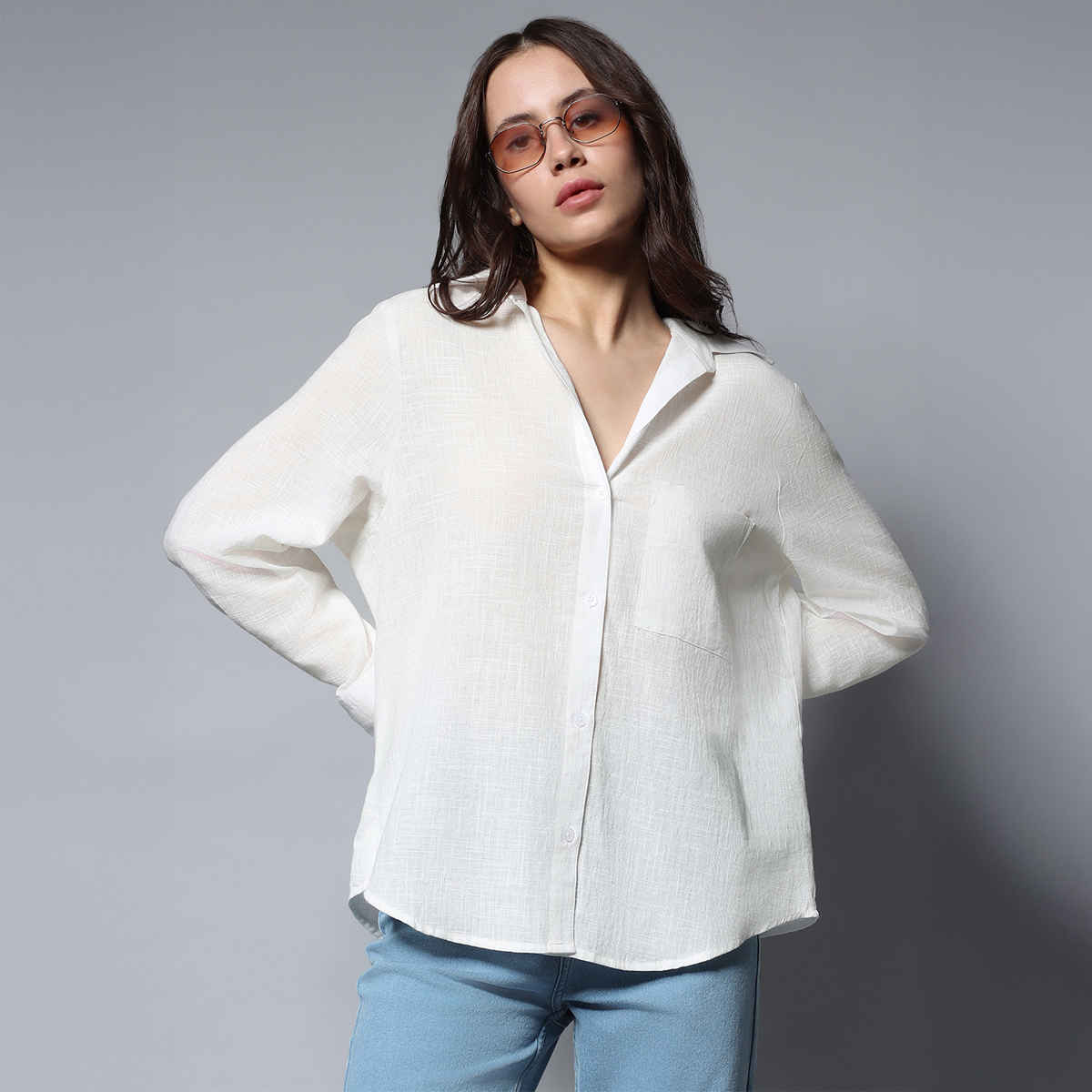 High Star Women White Long Sleeves Solid Oversized Casual Shirt (Size-S)