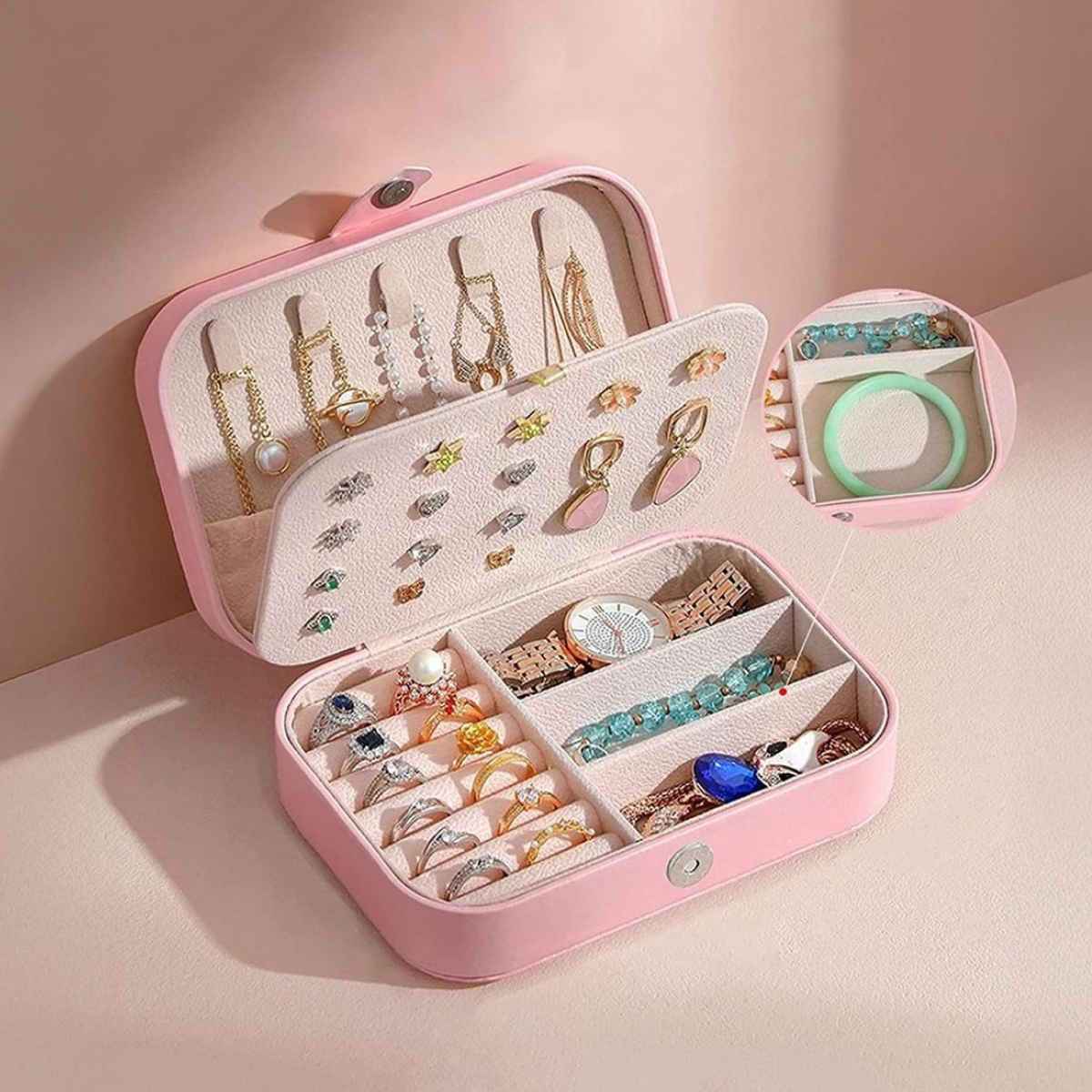 YouBella Jewellery Organiser PU Leather Zipper Portable Storage Box Case (Style 2) - Pink