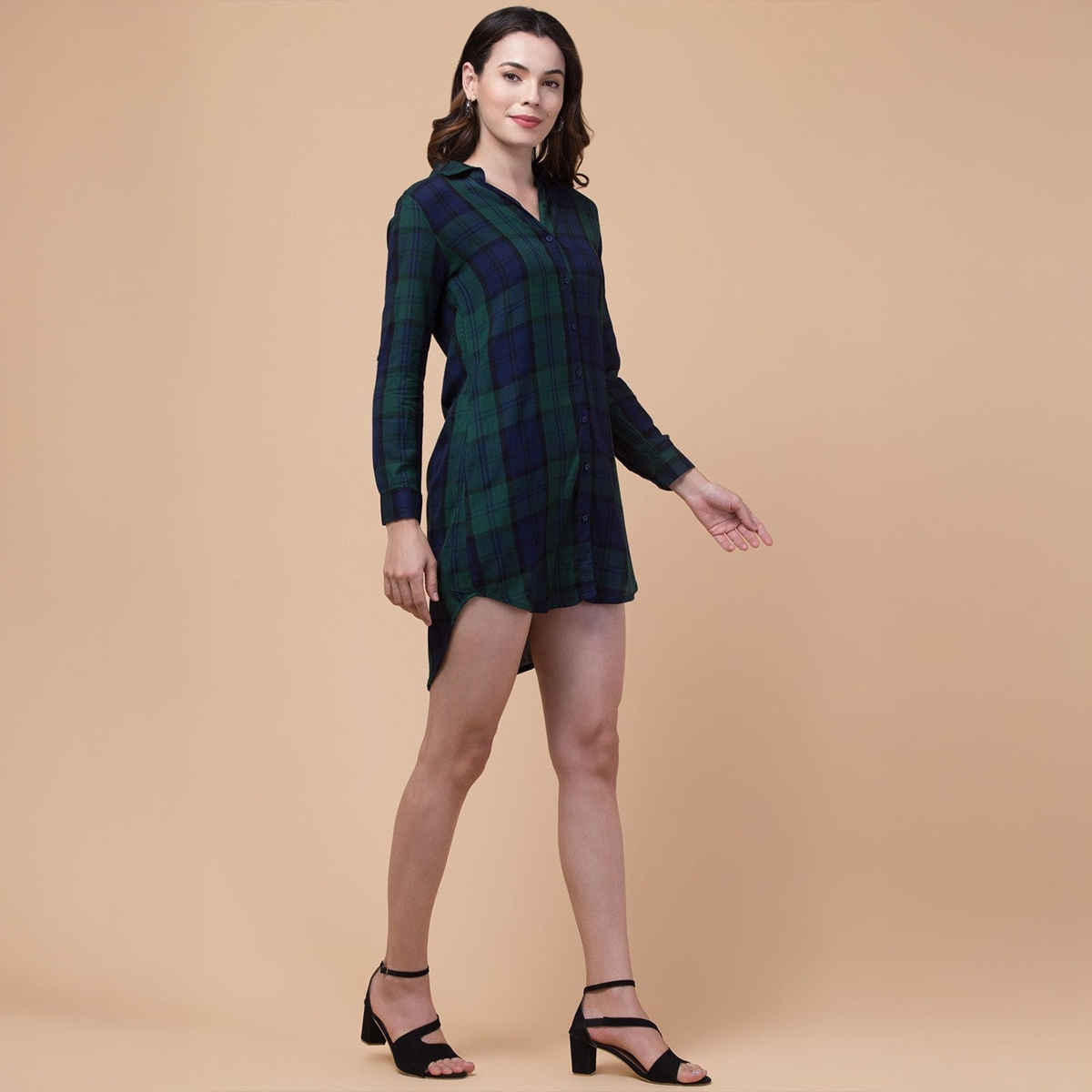 Wyshlist Women's Shirt Dress Checked | Green And Blue - L