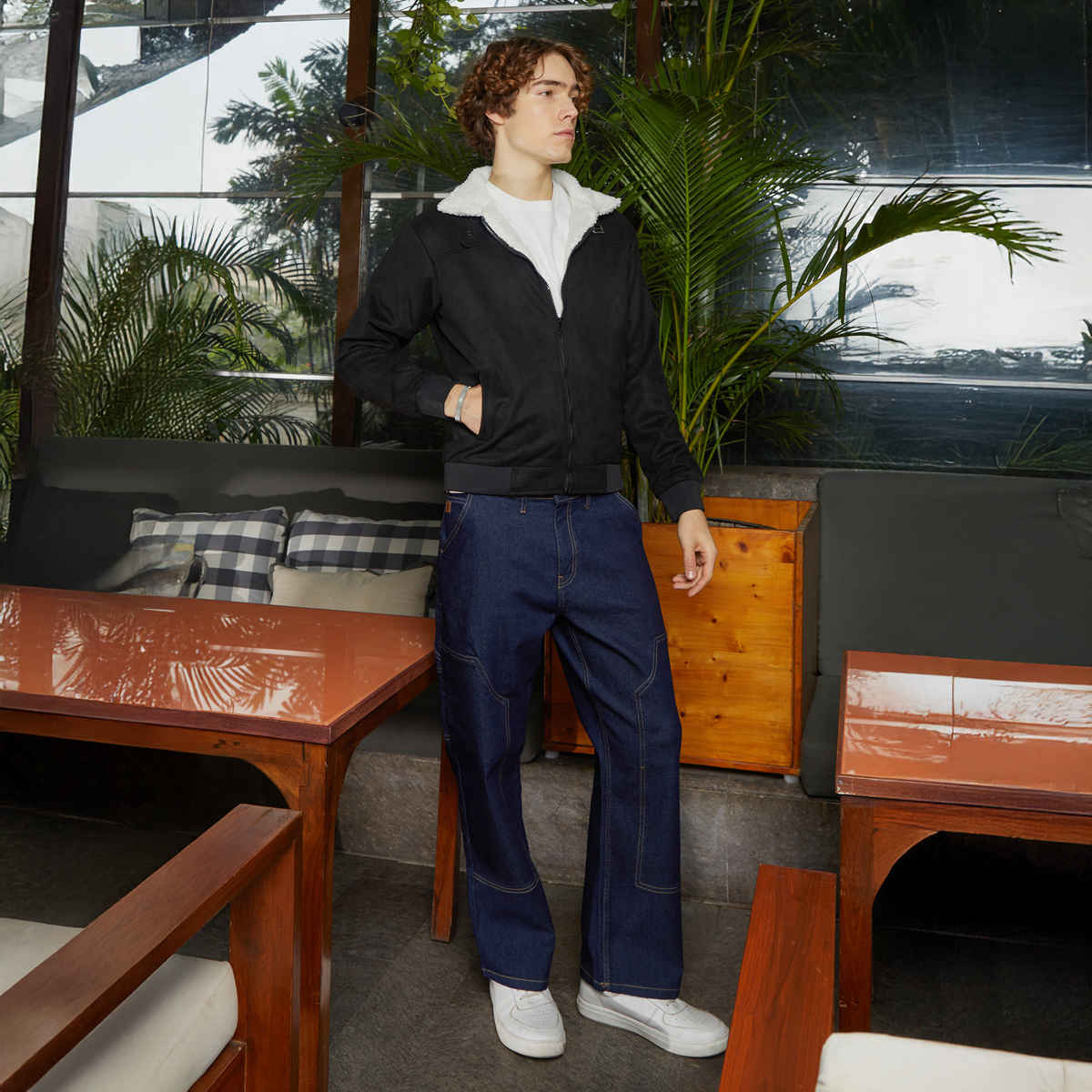 Campus Sutra Men's Fleece-Lined Bomber Jacket | Raven Black & Chalk White - M