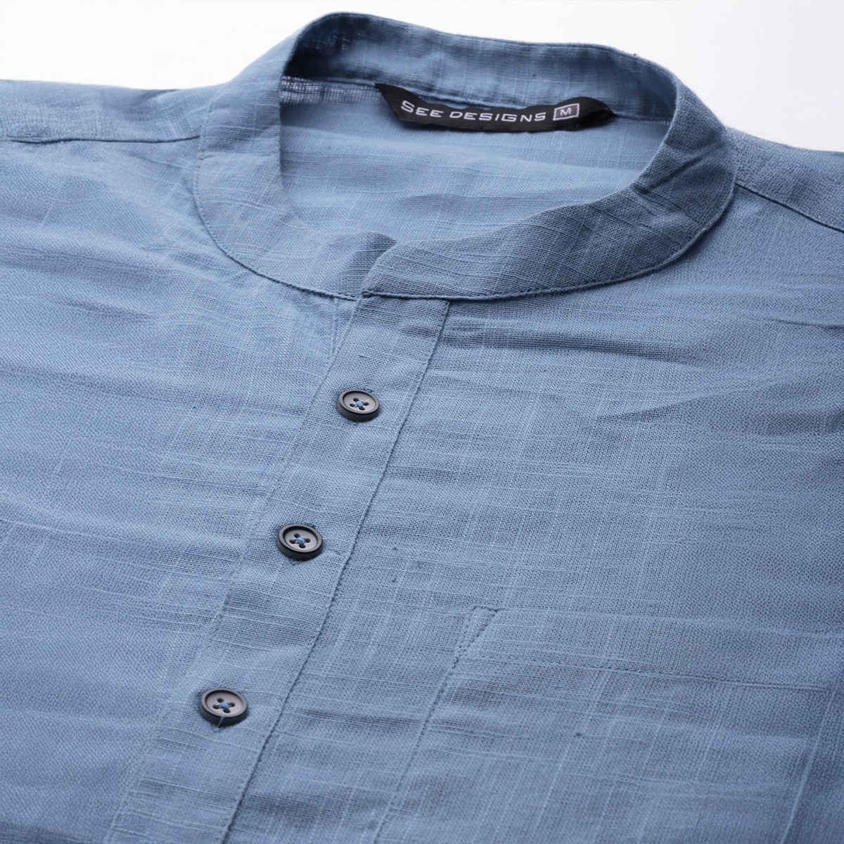 See Designs Men's Cotton Straight Kurta with Slub Effect | Blue - S
