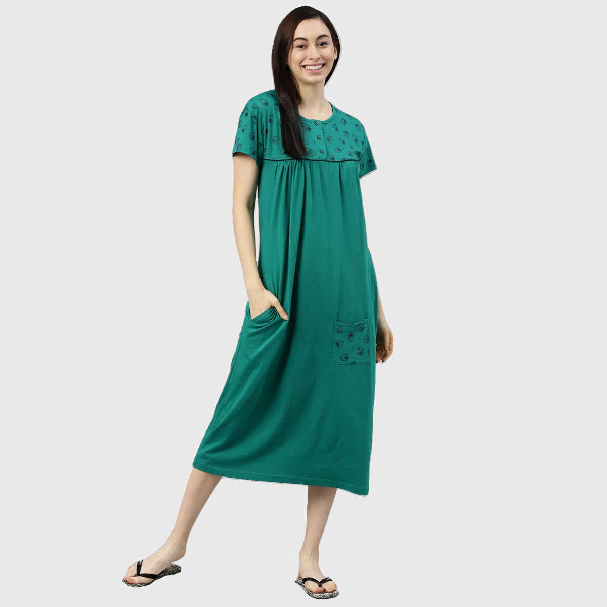 Kryptic Women Printed Pure Cotton Maxi Nightdress | Dark Teal Green - M