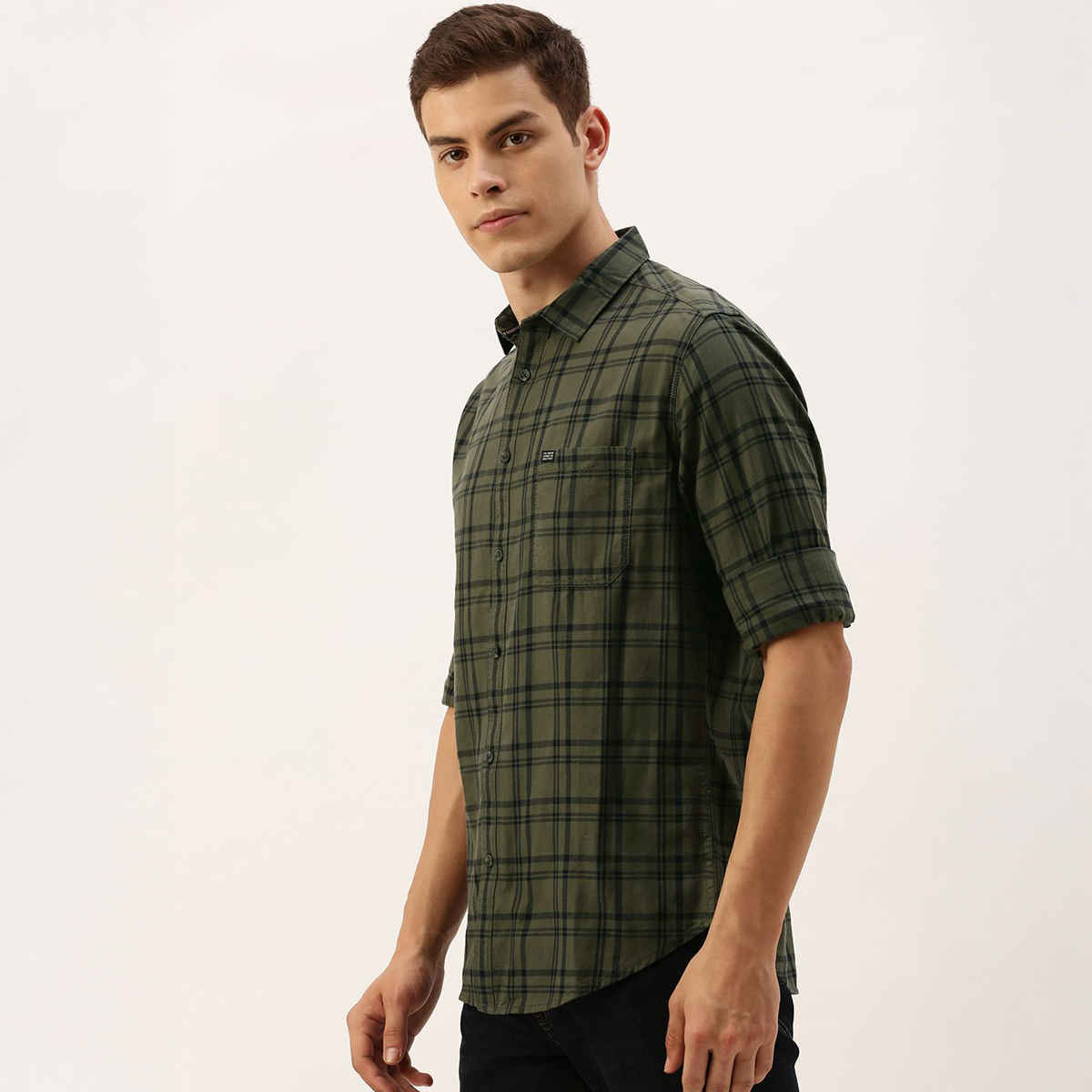 The Indian Garage Co Men's Slim Fit Checkered Casual Shirt | Green - M