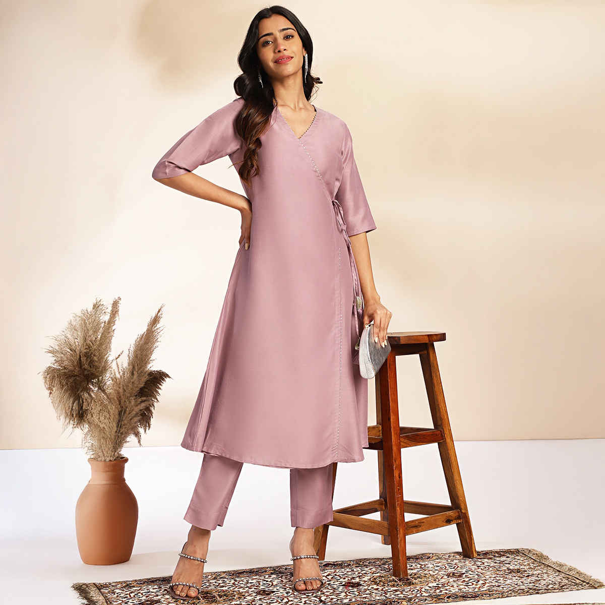 Janasya Women's Lavender Silk Blend Solid Wrap Kurta Set | XL