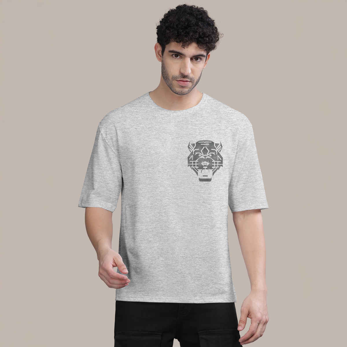 Bullmer Men's Oversized T-shirt Front and Back Printed, Colourblock Baggy | White Melange | L