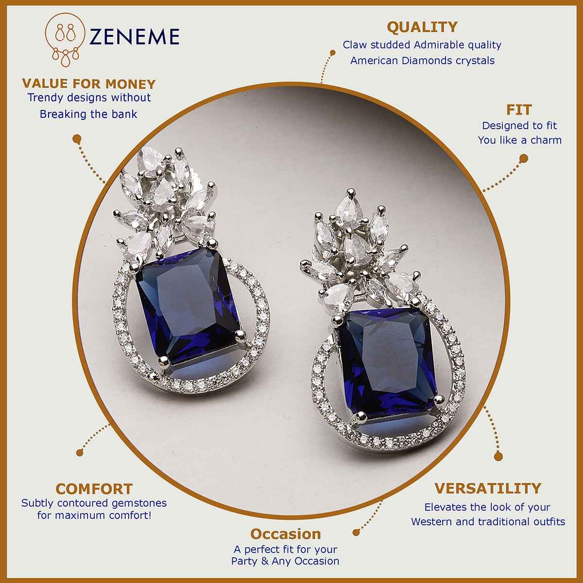 Zeneme Rhodium-Plated American Diamond studded Paisley Shaped Studs Earrings For Women & Girls