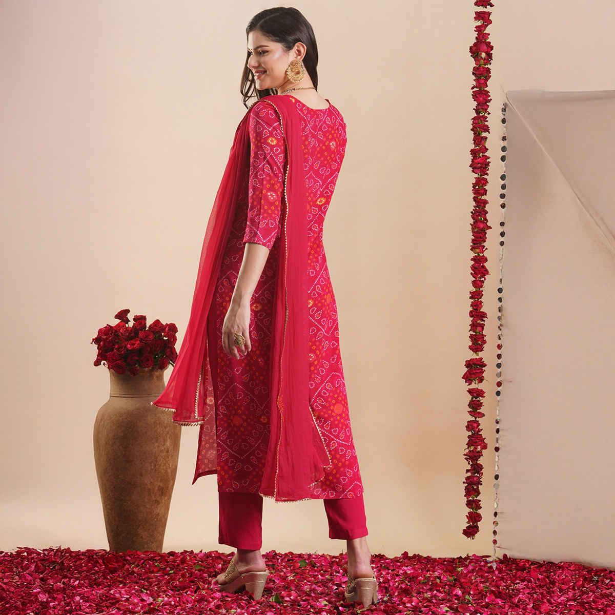 GoSriKi Women's Rayon Blend Straight Printed Kurta with Pant & Dupatta | TURAE | Rani - L