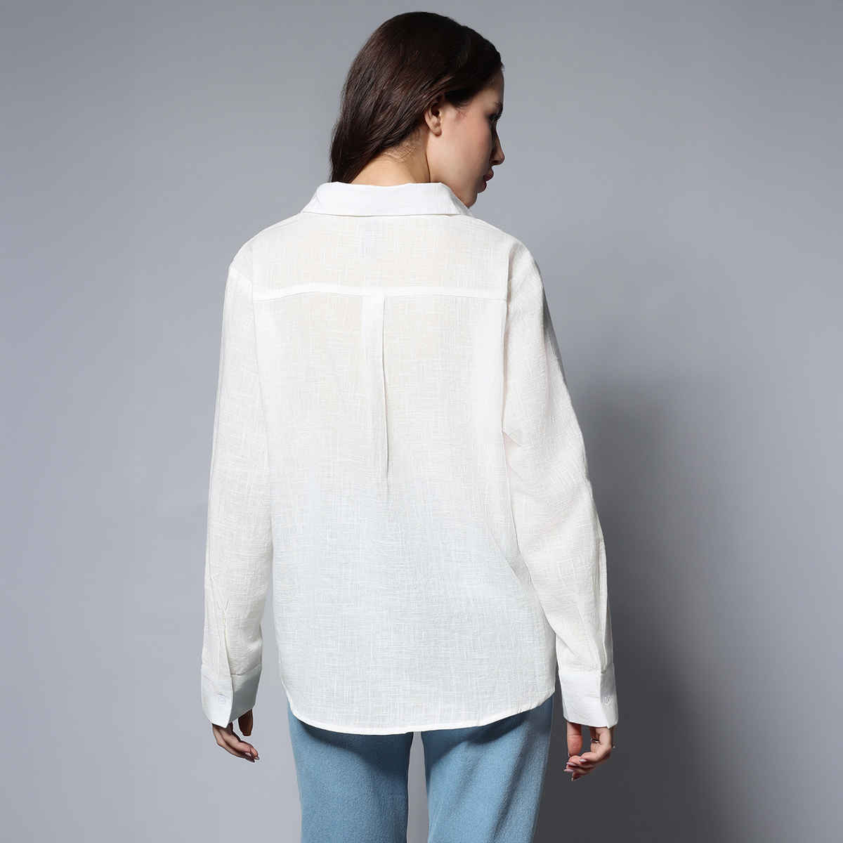 High Star Women's Solid Long Sleeves Oversized Casual Shirt | White - M
