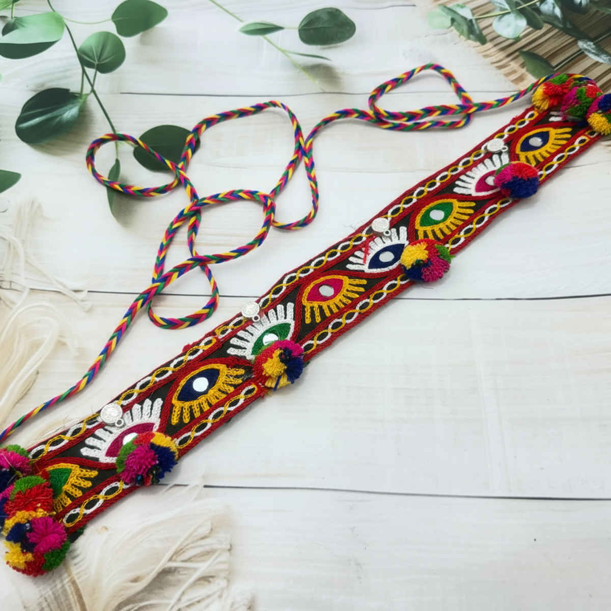 The Opal Factory | Fabric Jewelry | Embroidered Pom Pom Kamarbandh | Multicolor