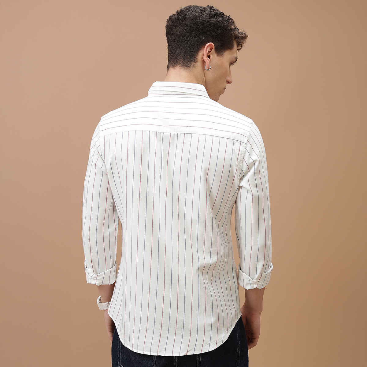 HIGHLANDER Men's Striped Slim Fit Opaque Cotton Casual Shirt | White, Blue and Red - L