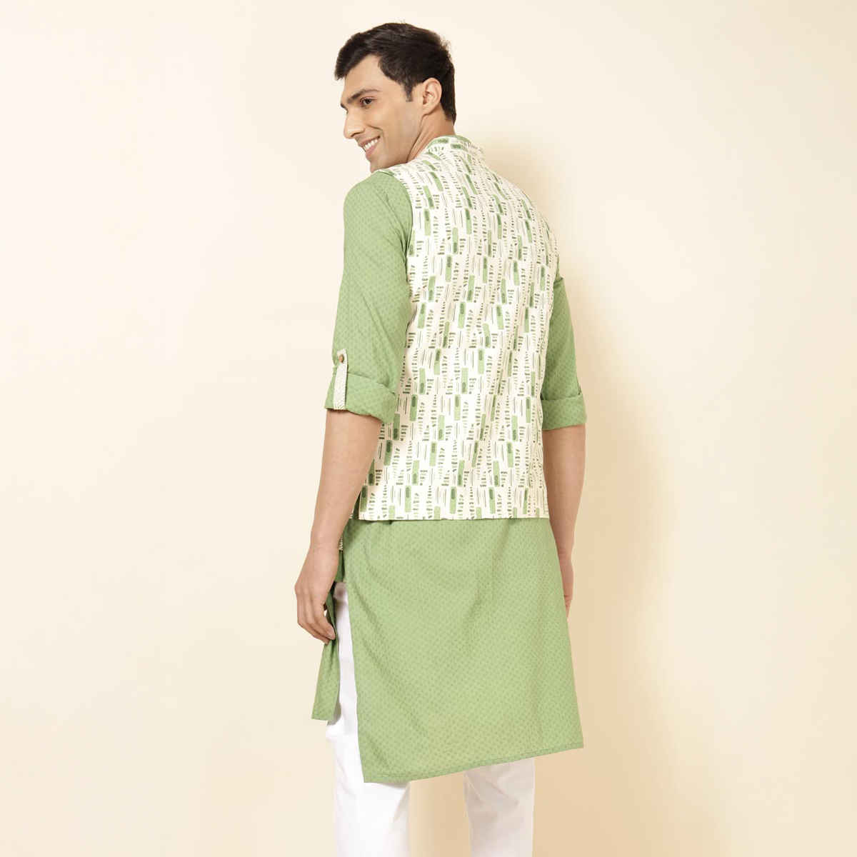 Fabindia Men's Nehru Jacket Tribal Printed Slim Fit | Green - M