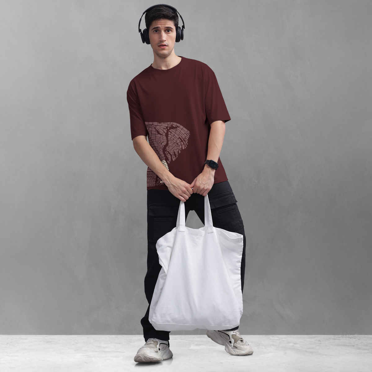 Bullmer Men's Oversized T-shirt Front and Back Printed | Trendy Maroon | S