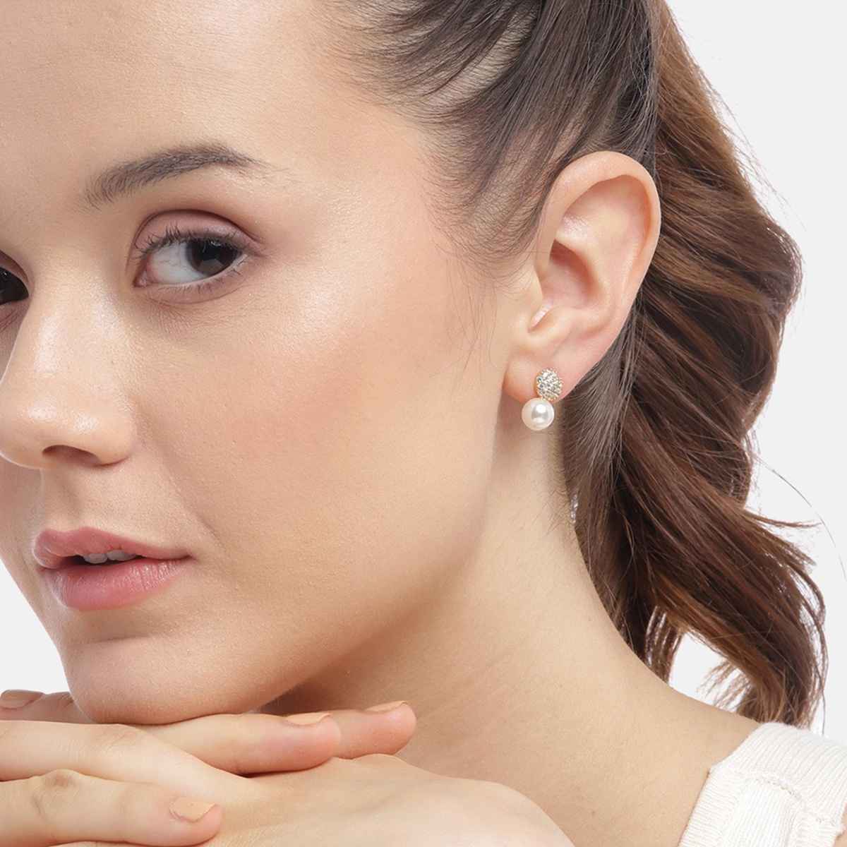 Carlton London 18kt Gold Plated with CZ Dangling Pearl Drop Earring | FJE4814