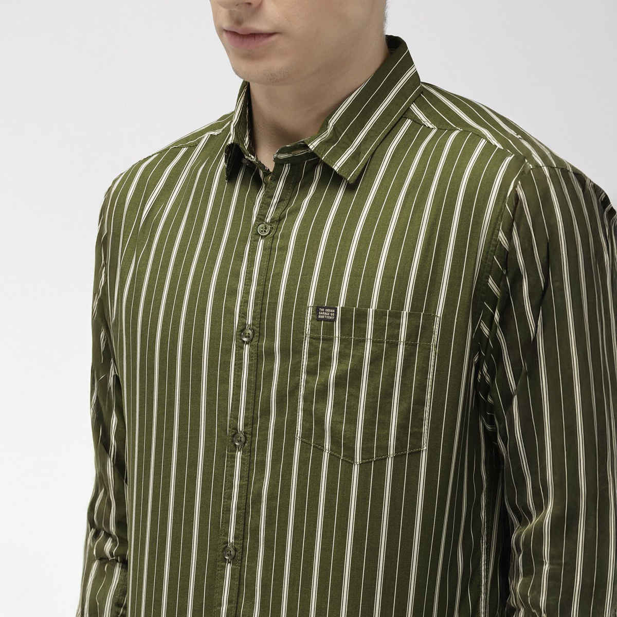 The Indian Garage Co Men's Slim Fit Multi Stripes Casual Shirt | Olive - S
