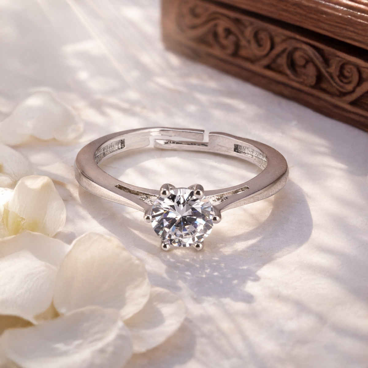 Sukkhi Latest Stylish Rhodium Plated CZ Solitaire Valentine Finger Ring for Women | Free Size