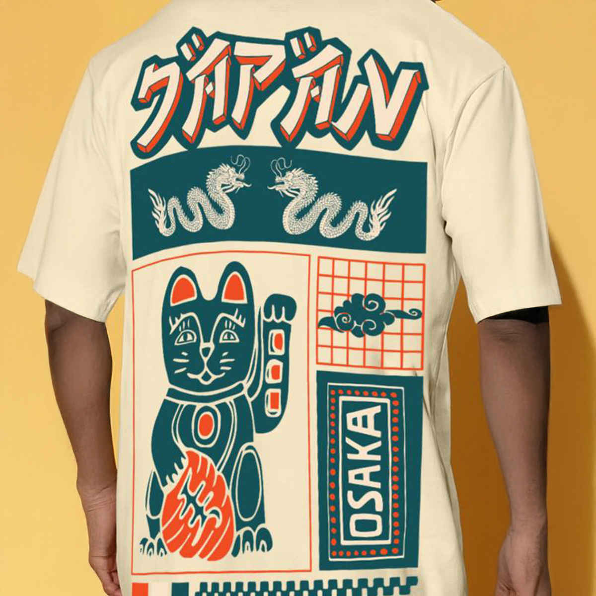 VEIRDO Men's Printed Oversized T-shirt | OS 100 JAPNOSAKA SW | Swan White - S