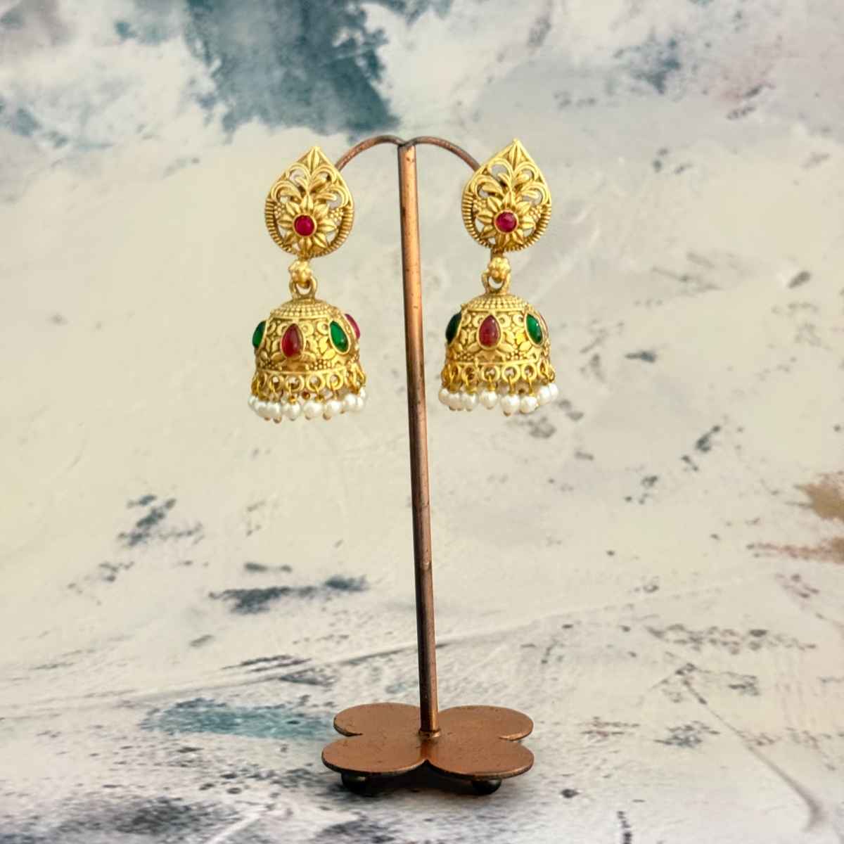 The Opal Factory Earrings Stone Studded Teardrop Motif Jhumki Earrings with Pearl Hangings | Gold