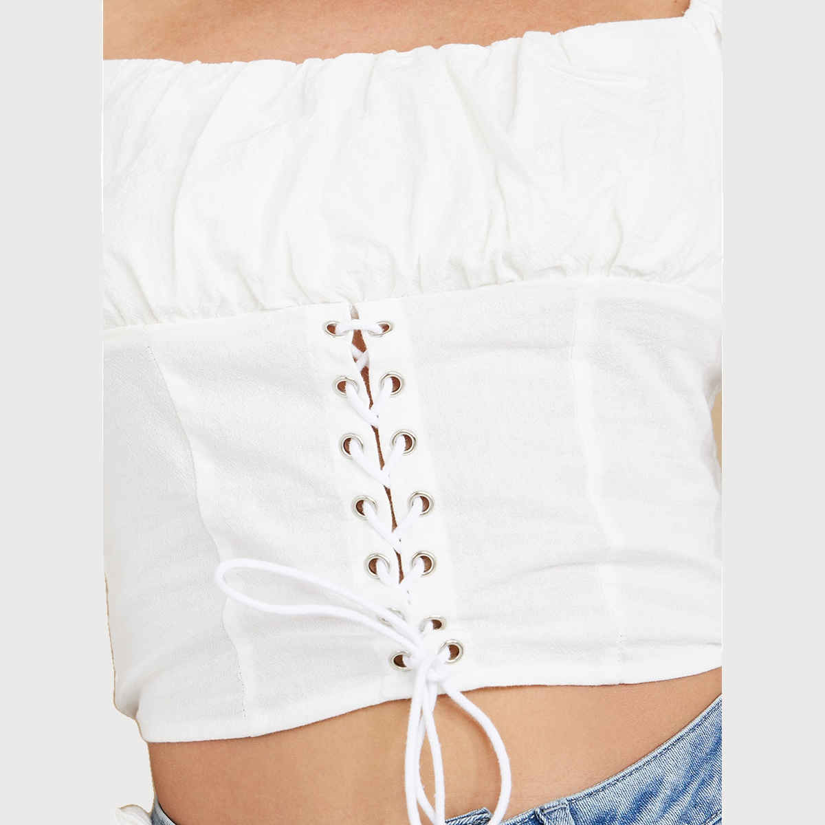 Styli Women's Fitted Crop Blouse with Smocked Detail, Square Neck and Long Sleeves | White - XL