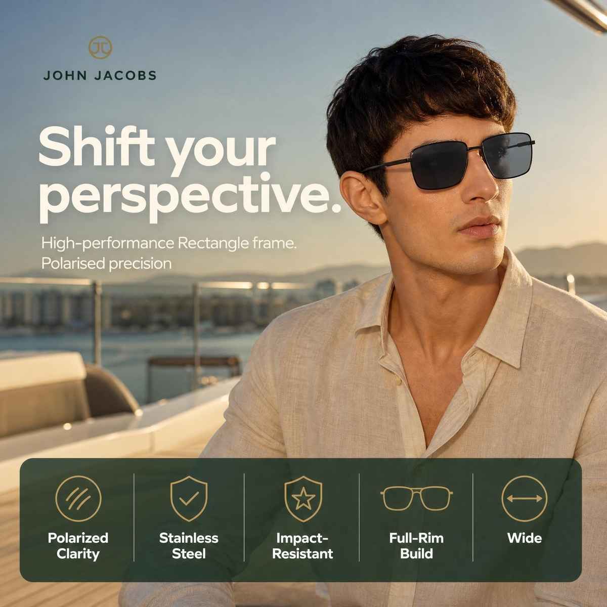 John Jacobs By Lenskart Unisex Solid Metal Rectangular Sunglasses | Black and Grey - Extra Wide