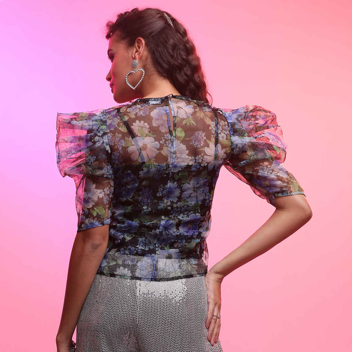 Tokyo Talkies Women's Floral Printed Puff Sleeves Top | Blue and Black - L