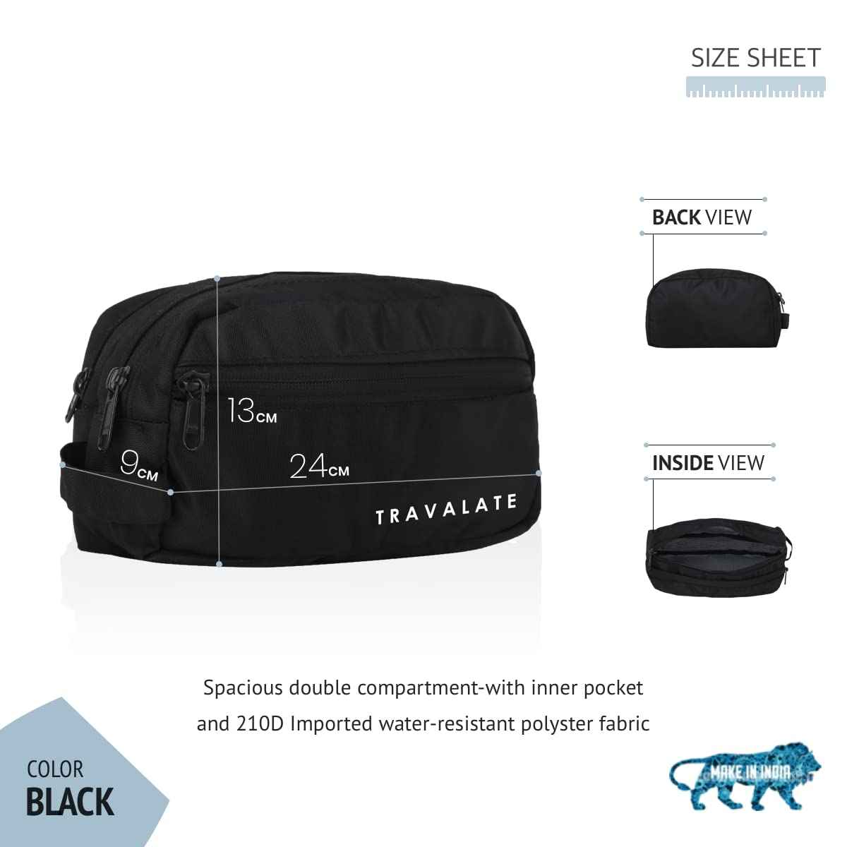 TRAVALATE Polyester Multipurpose Double Compartment Toiletry Kit Bag | Black