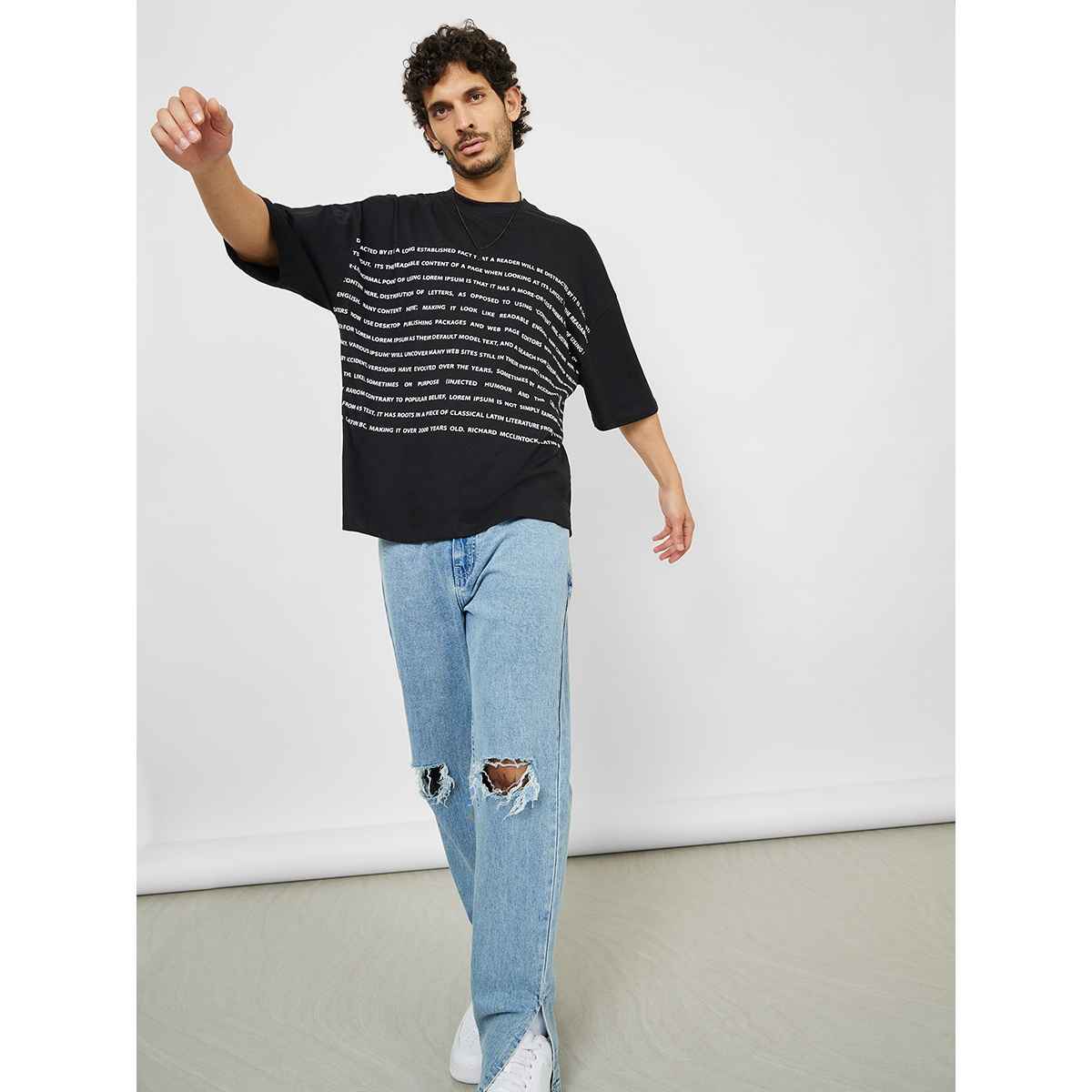 Styli Men's Boxy Fit Tee with Front and Back Text Print | Black - L