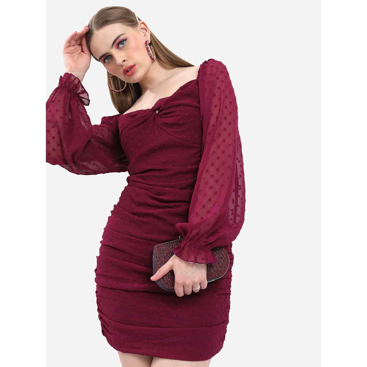 Ketch Women's Self Design Sweetheart Neck Ruched Sheath Mini Dress | Brown - M