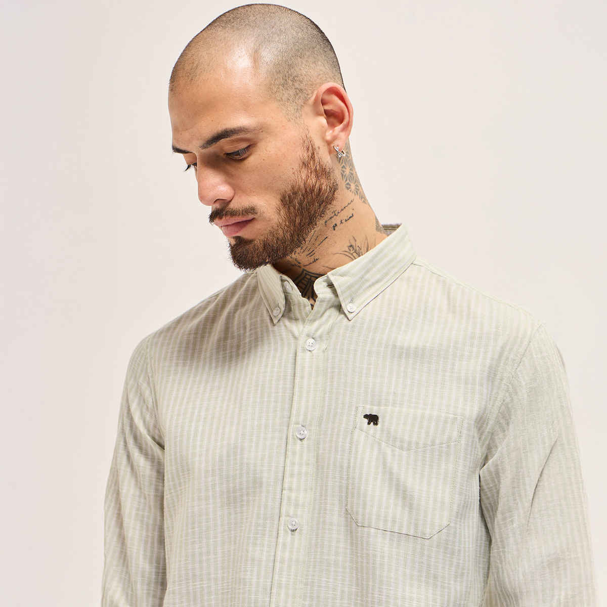 THE BEAR HOUSE Men's Cotton Striped Slim Fit Shirt | TBH-ARLOSE-GR | Green - L