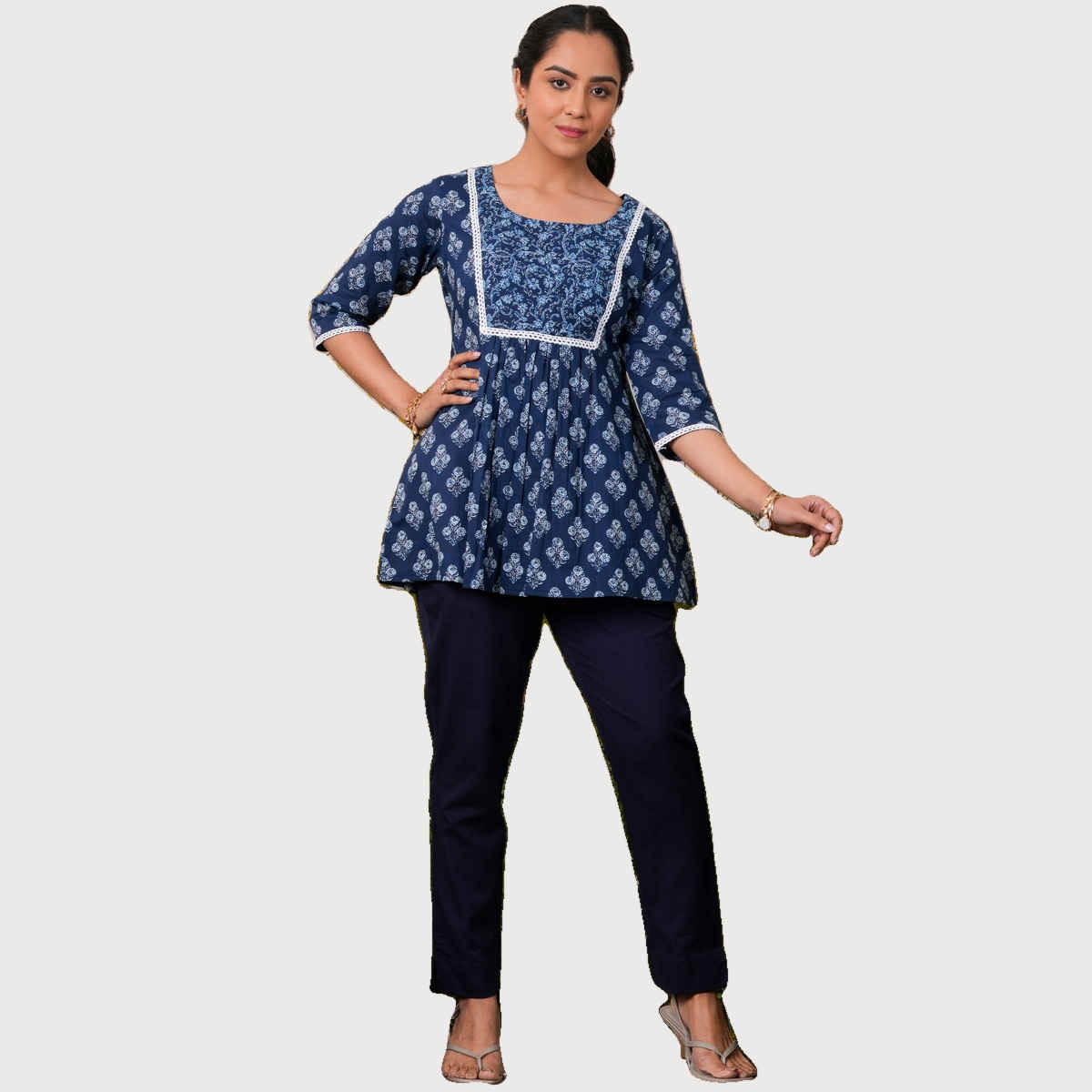 Libas Indigo Cotton Floral Printed Yoke Design a | Line Kurti | Blue | XL