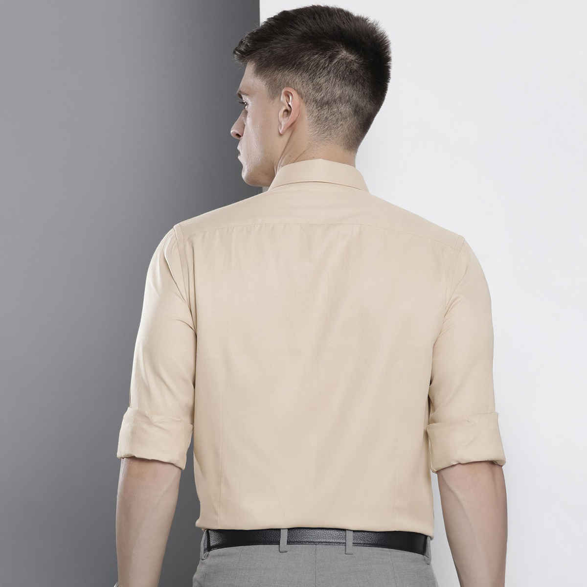 The Indian Garage Co Men's Slim Fit Solid Formal Shirt | Beige - L