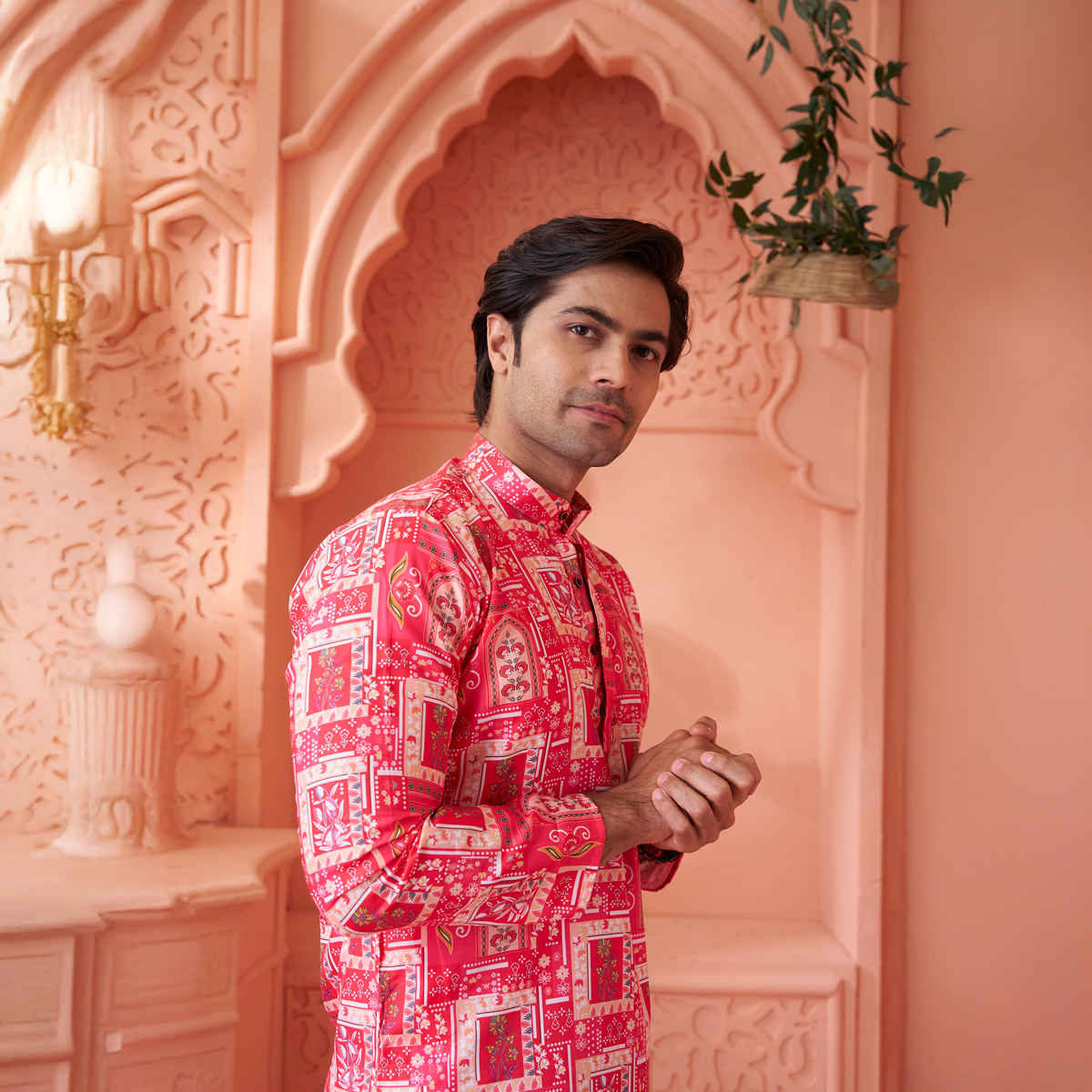 House Of Festivals Men's Printed Cotton Blend Long Kurta | Pink -XL