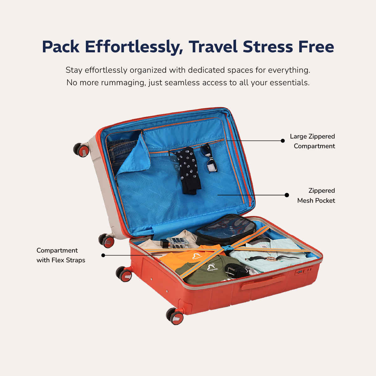 Provogue Cascade Hard-Sided PP Medium Luggage Trolley Bag | Timberwolf Grey and Orange - 65 cm