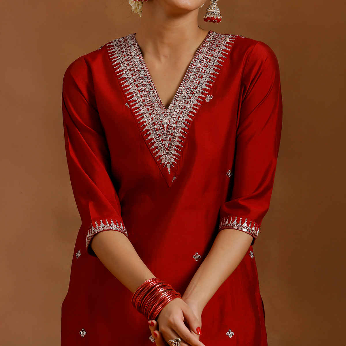 Libas Women's Embroidered Silk Blend Straight Kurta Set | Red - S