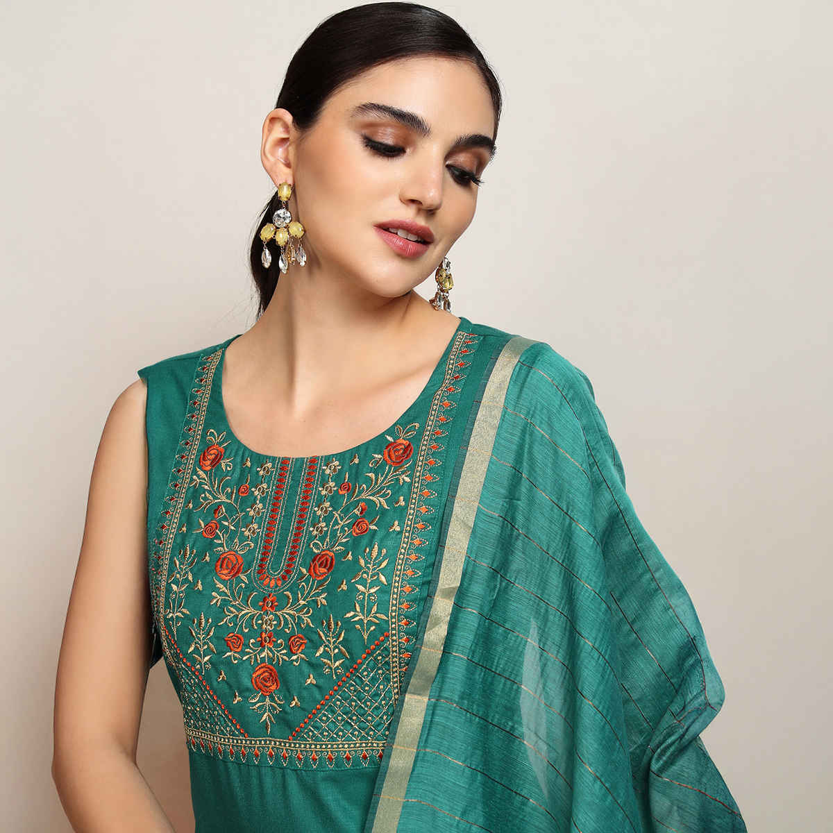 Vishudh Women's Embroidered Straight Kurta With Pants And Dupatta | PVK3000011 | Green - L