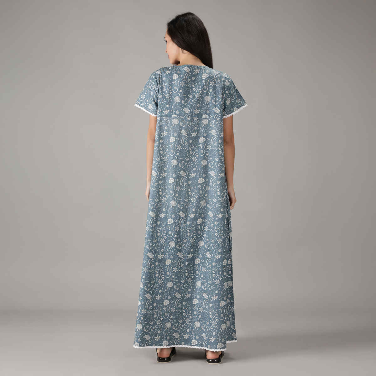 NIHSAMAH Women's Premium Frills & Laces Nighty | Full Length | Greyish - 2XL
