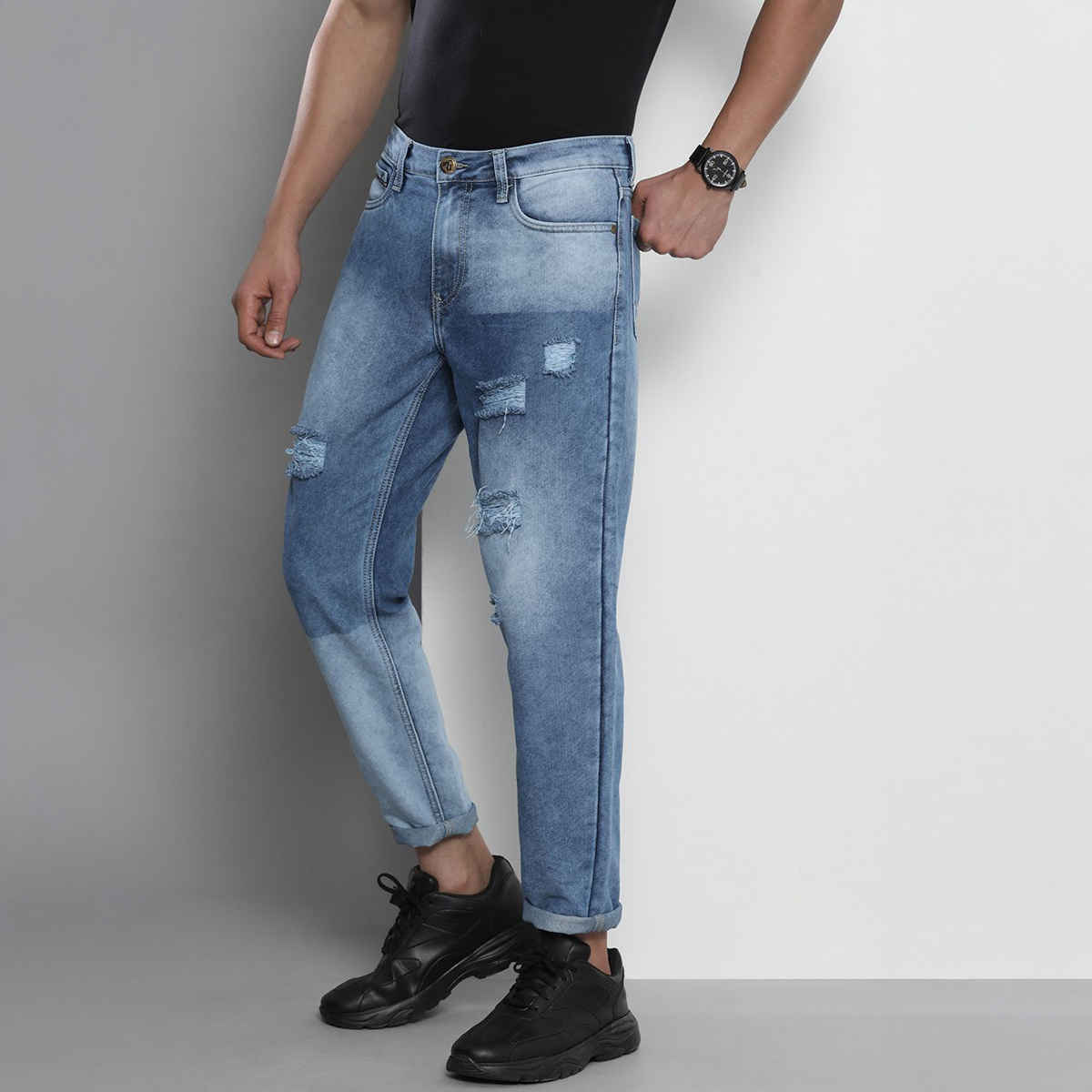 The Indian Garage Co Men's Dad Fit Distress Street Jeans | G-131 | Blue - 36