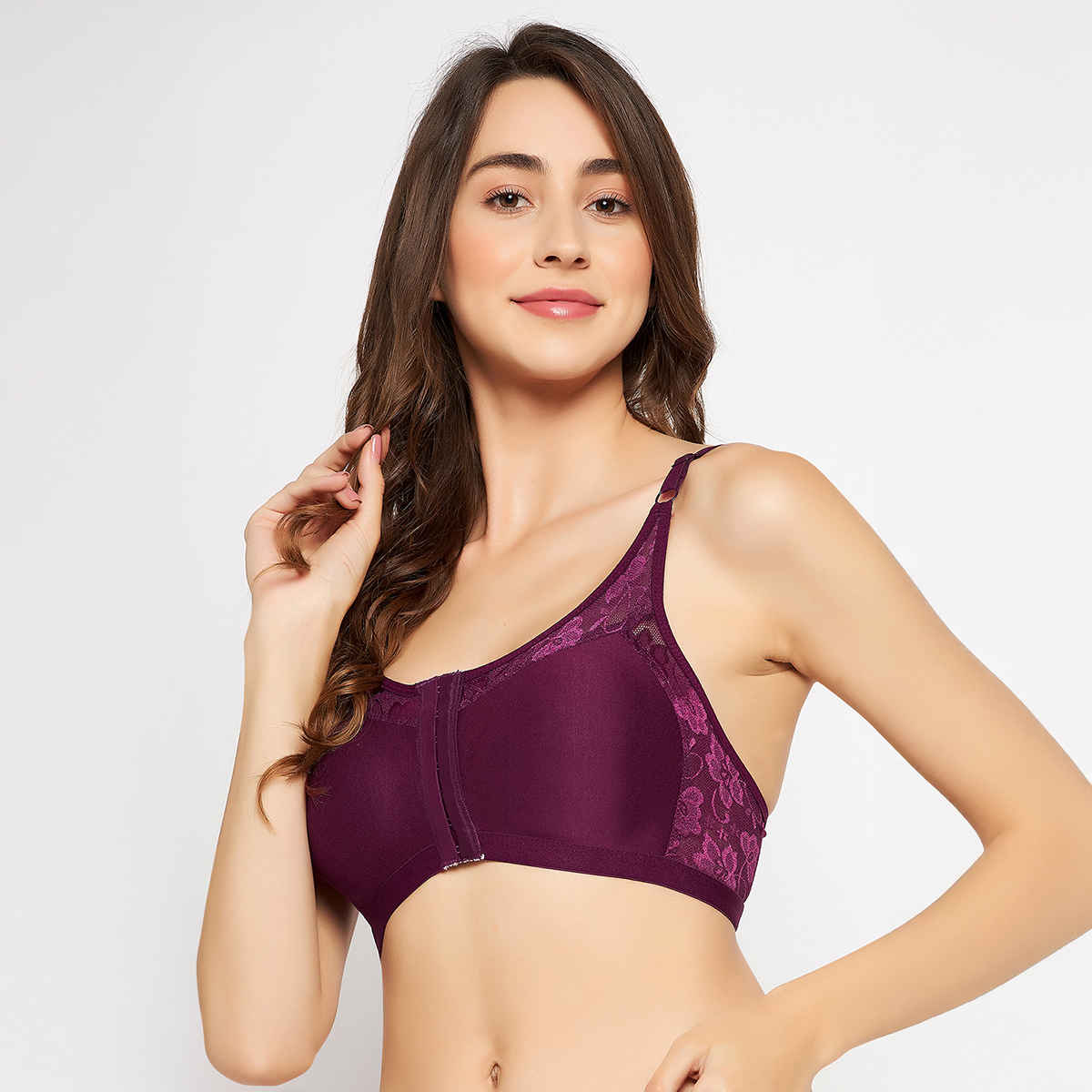 Clovia Women Non-Padded Non-Wired Spacer Cup Front Open Figure Bra - Cotton Rich | Purple | 38C